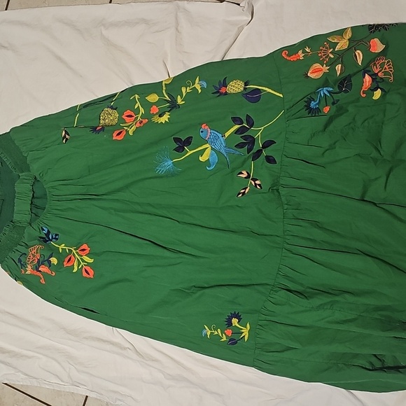 Anthropologie Strapless Embroidered Maxi Dress Green Tropical Botanical Smocked - Picture 8 of 9